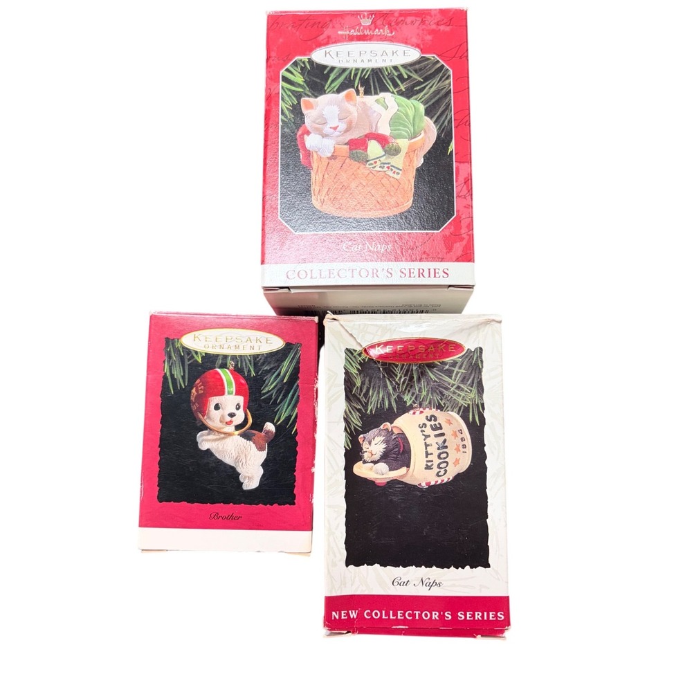 Lot of 3 Hallmark Keepsake Ornaments Cat Naps 1994 & Puppy Football Brother